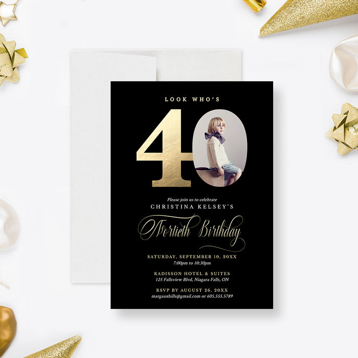 Looks whos 40 Birthday Party Invites with Photo, Cheers to 40 Years, Fun 40th Birthday Invite for Men and Women, Fortieth Birthday Template, Turning 40 Forty Years, 40th Anniversary