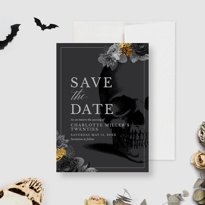 RIP Youth Save the Date Cards, Goth Wedding Save the Date with Gold Flowers