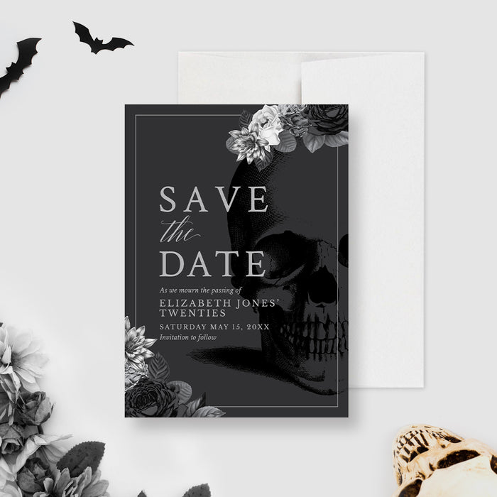 Death to My 20s Save the Date Cards, 40th Birthday Save the Date with Silver Flowers