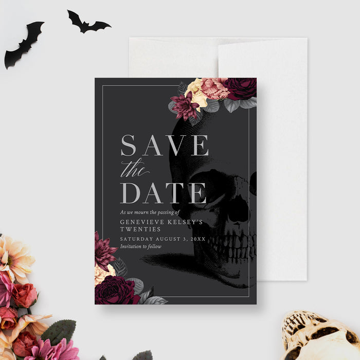 Death to My Youth Save the Date Cards, 30th Birthday Save the Date with Floral Theme