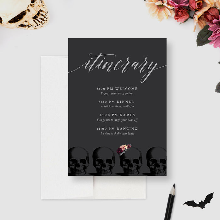 Floral Itinerary Card for "Death to My Youth" Birthday Bash in Black and Gray with Flowers