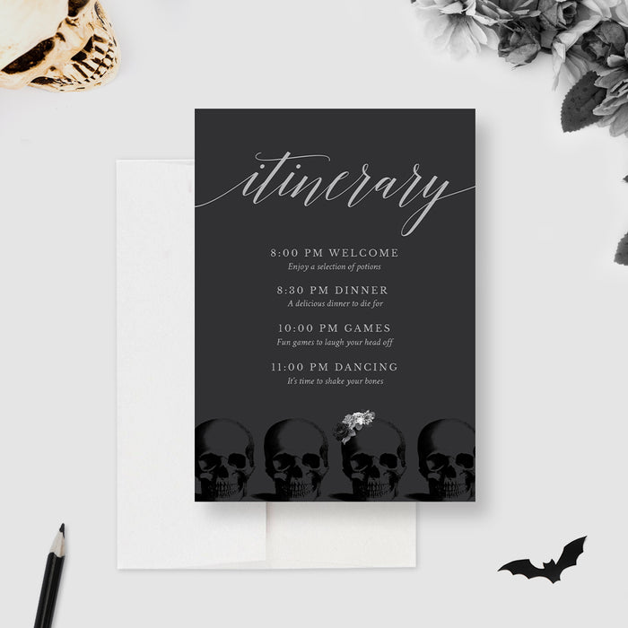 Skull-Themed Itinerary Card for Funeral Birthday with Silver Flowers, Order of Events for Goth Wedding