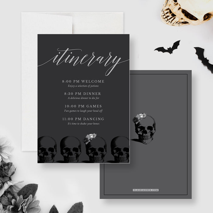 Skull-Themed Itinerary Card for Funeral Birthday with Silver Flowers, Order of Events for Goth Wedding