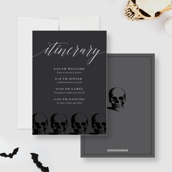 Skull-themed Itinerary Card for Death to My Youth Birthday Party in Black and Gray