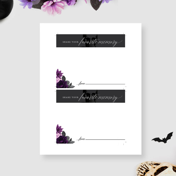 Death to my 20s Share Your Memory Card Template, Memorial Stationery Templates, RIP 20s 30s 40s 50s Printable Share a Memory Card, Funeral for my Youth Card with Purple Flowers