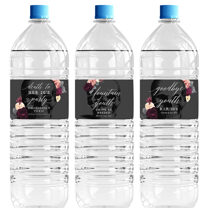 Death to My 20s Water Bottle Labels Template with Skull and Flowers, Bachelorette Water Bottle Labels Digital Download, 30th 40th 50th Birthday Fountain of Youth Labels, Goth Party Labels