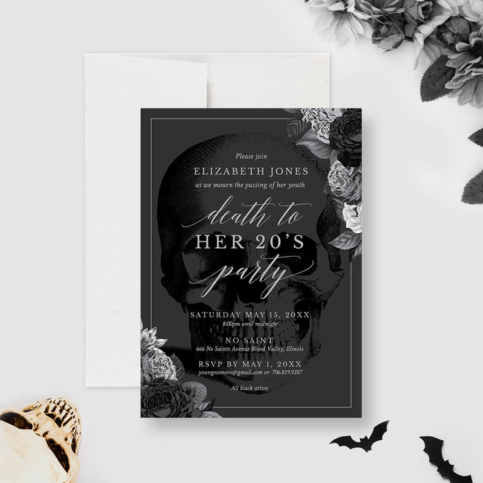 Death to Her 20s Birthday Party Invitation with Silver Flowers
