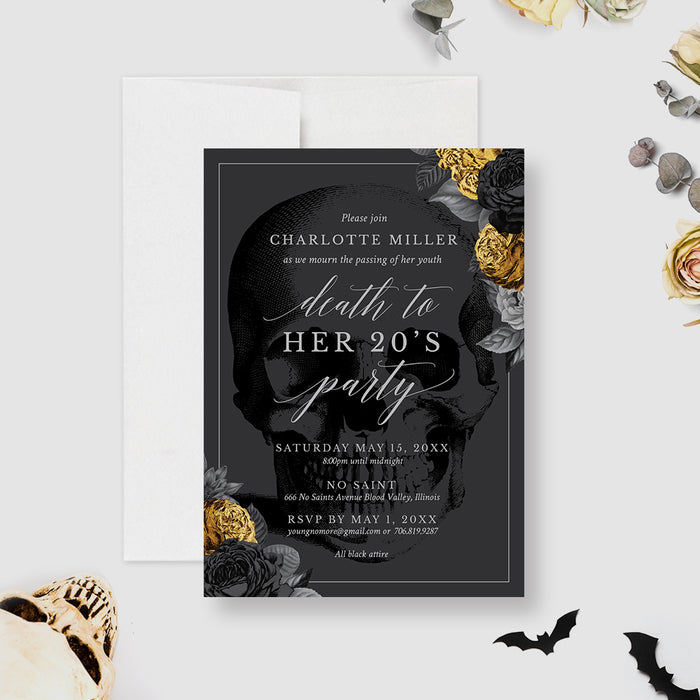 RIP 20s Funeral Birthday Invitation wtih Gold Flowers, RIP 30s 40s 50s