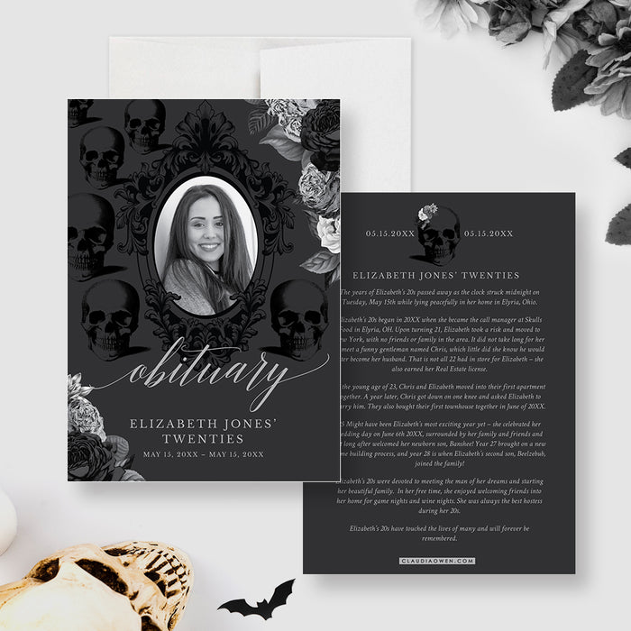 Death to My 20s Funeral Obituary Card with Silver Flowers, Funny 30th Birthday