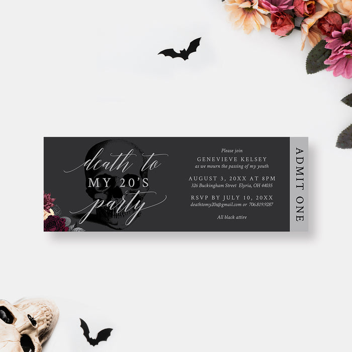 Death to My 20s Party Ticket Invitation Card, 30th Funeral Birthday Ticket Invites