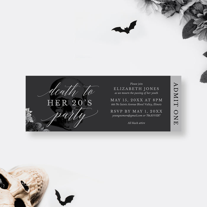 Stylish Death to My 20s Ticket Invitation Card in Silver Floral Theme for Your 30th Funeral Birthday Bash