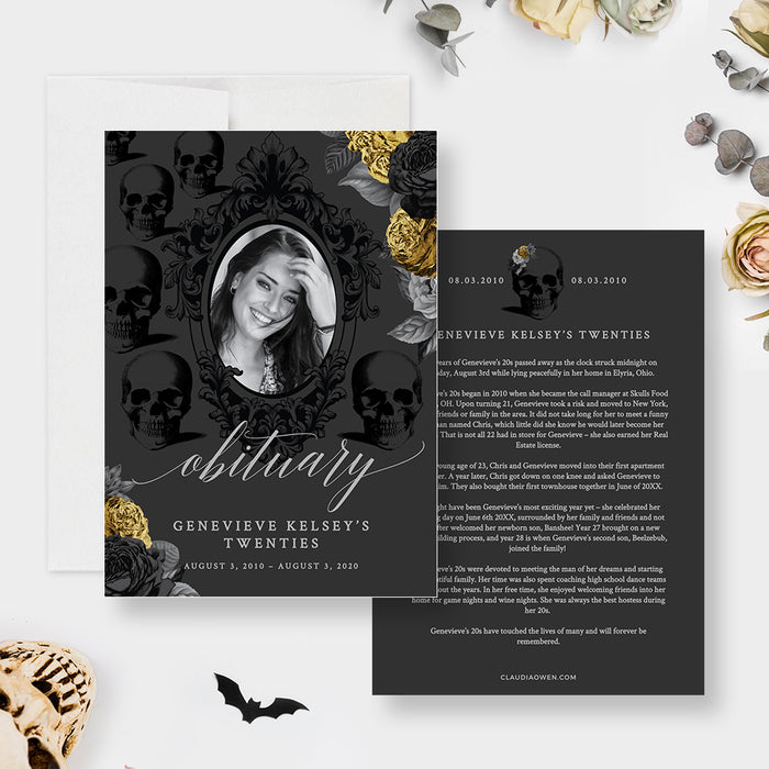 Death to my Twenties Obituary Template with Black and Gold Flowers, Floral Skull Printable Obituary Card, 30th Birthday Funeral Program Digital Download, Floral Death To My 20s 30s Birthday