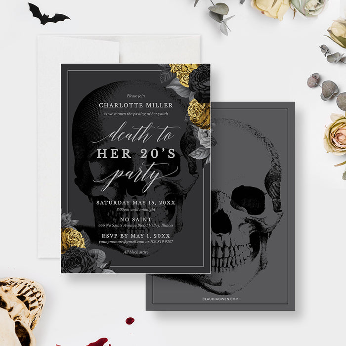 Death to Her 20s Party Invitation Template, Unique 30th Birthday Invitation Digital Download, Death to my Youth Party Invites Instant Download, Skull With Gold and Black Flowers