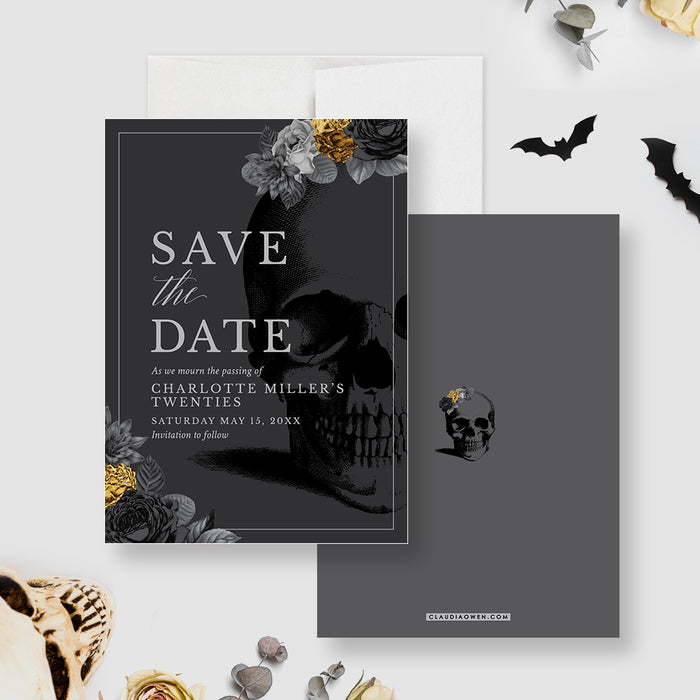 RIP Youth Save the Date Cards, Goth Wedding Save the Date with Gold Flowers