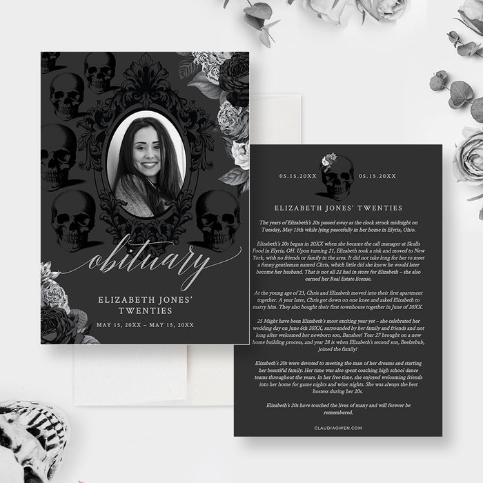 Death to my Twenties Obituary Template,Printable Obituary Card with Silver and Black Flowers, 30th Birthday Funeral Program Digital Download, Floral Death To My 20s 30s Birthday