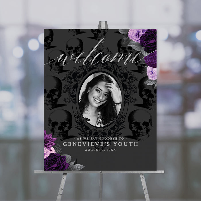 Editable Welcome Sign with Photo and Purple Flowers, RIP Twenties Printable Sign, Death to my Twenties Digital Download Sign, RIP 20s 30s 40s 50s Sign Template