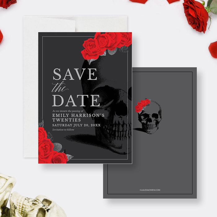 Death to her 20s Save the Date Template with Roses, Funeral For My Youth Floral Save The Date Invitation Digital Download, Roses Death Birthday Party Template