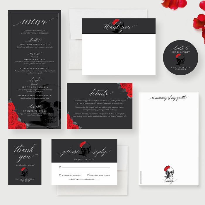 Funeral for my Youth Party Invitations with Red Roses, Death to my Twenties Invites