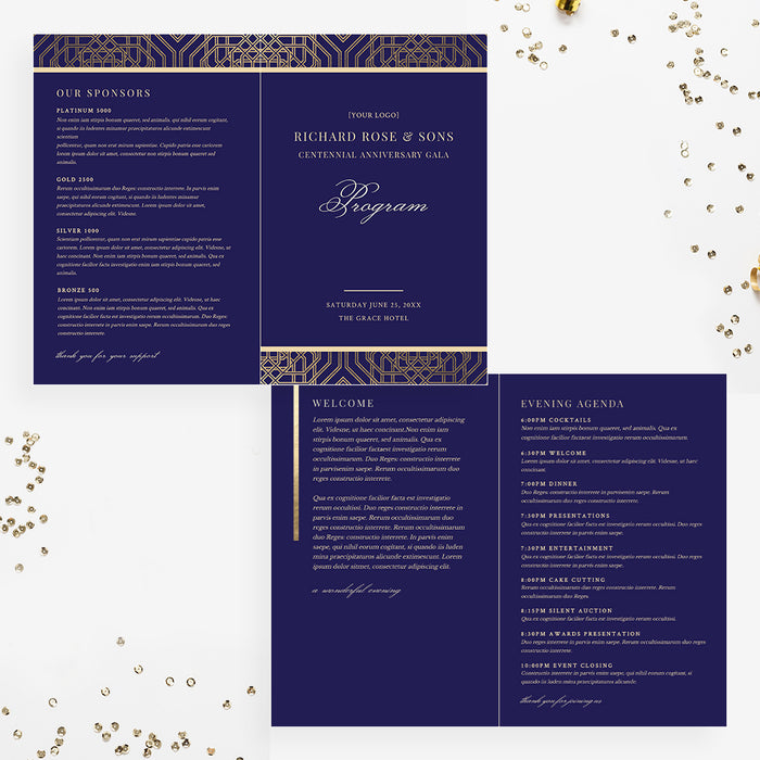 Centennial Anniversary Gala Event Program Template, Business Agenda Digital Download, Folded Reception Program in Blue and Gold, Ceremony Booklet Card Instant Download
