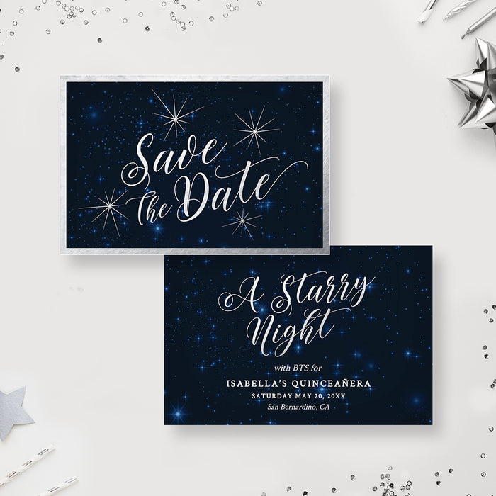 A Starry Night Save the Date Cards, Celestial Starry Night Quinceanera Save the Date, 13th 14th 15th 16th 17th Teen Birthday Save the Date Cards, Save the Date for Movie Night