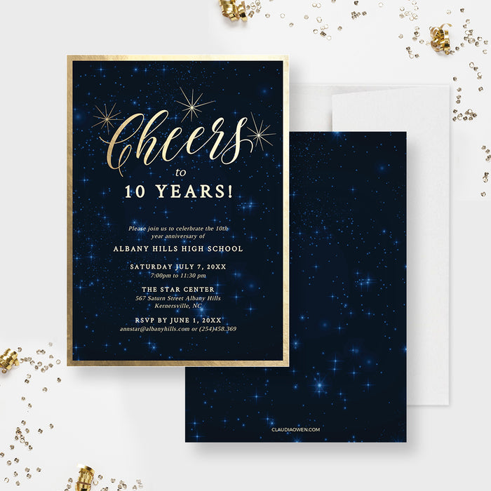Cheers to 10 Years Party Invitation with 2 Matching Signs, Starry Night Sky, Business or Wedding Anniversary Invites Digital Download