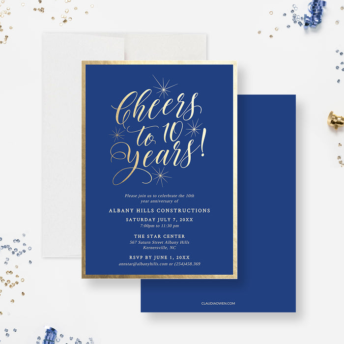 Cheers to 10 Years Invitation Template in Blue and Gold, 10 Year Business Anniversary Invitation Digital Download, Corporate Work Anniversary Invite, 10th Wedding Anniversary Party