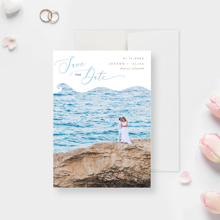 Beach Save the Date with Photo Template, Nautical Save the Dates Digital Download, Destination Wedding Save the Date, Sea Wedding Announcement Cards, Ocean Waves