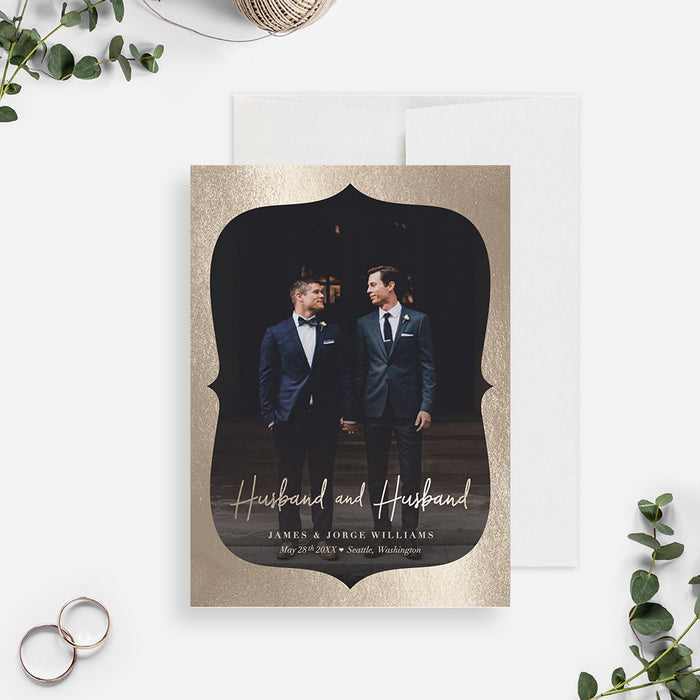 Husband and Husband Wedding Announcement Card, Elopement Announcement, Gay Marriage Card, Just married Gay Couple, Gay Love Pride