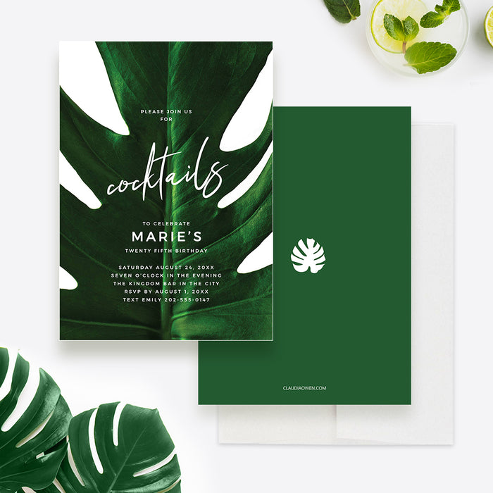 Cocktail Party Invitation Editable Template, Monstera Leaf Printable Digital Download, Tropical Birthday Party, Greenery Botanical Trendy Invitation