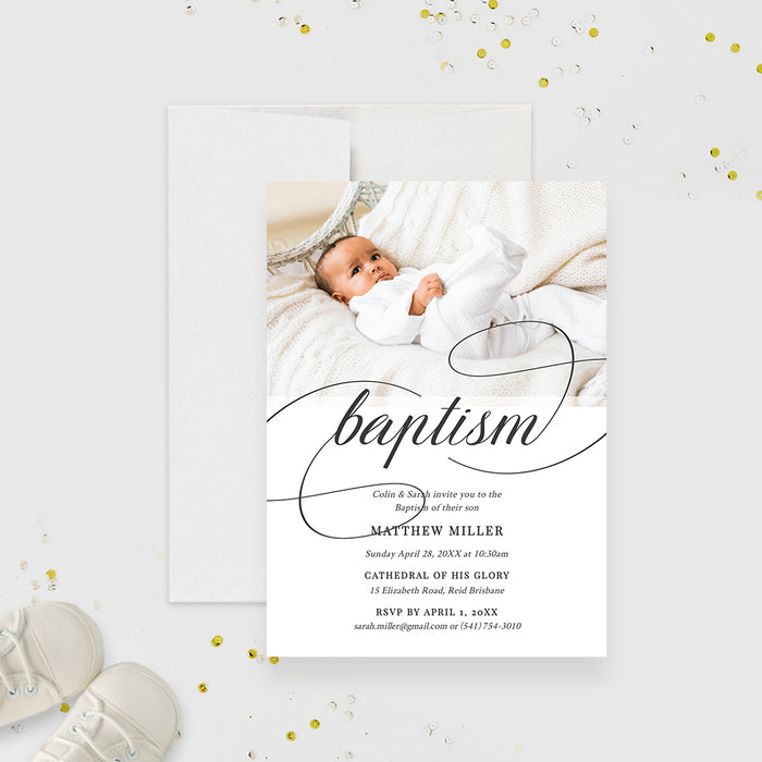 Baptism Invitation with Photo Template Angelic White Baptism Printable Invites Digital Download, Minimalist Baptism Invitation, Photo Christening Invitation