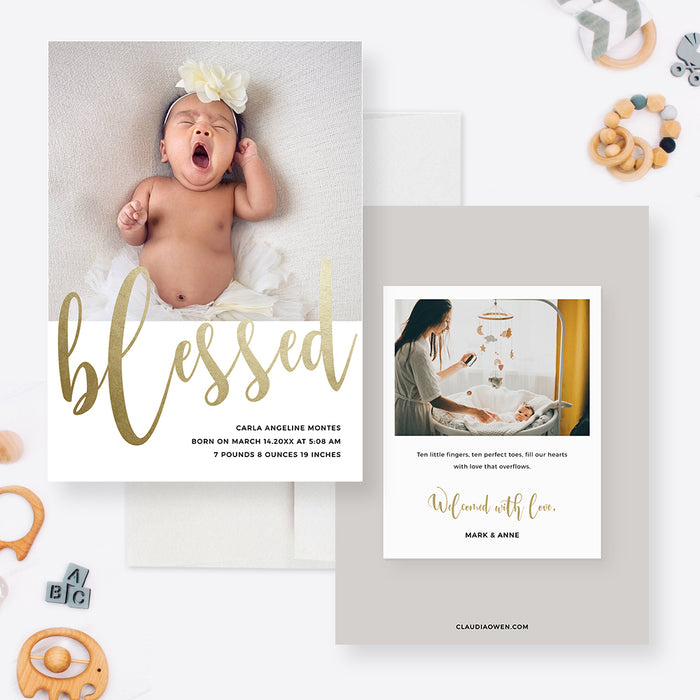 Blessed Baby Announcement Card Template, Photo Baby Birth Announcement, New Baby Photo Card, Newborn Announcements, Modern Baby Reveal Printable Cards