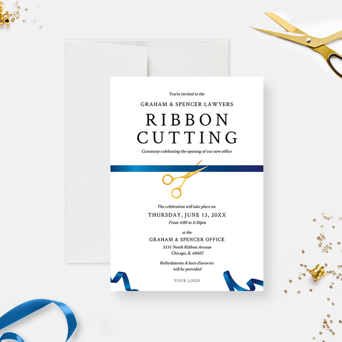 Ribbon Cutting Invitation Editable Template, Blue Ribbon Launch Party Printable Digital Download, New Business Office Opening Ceremony