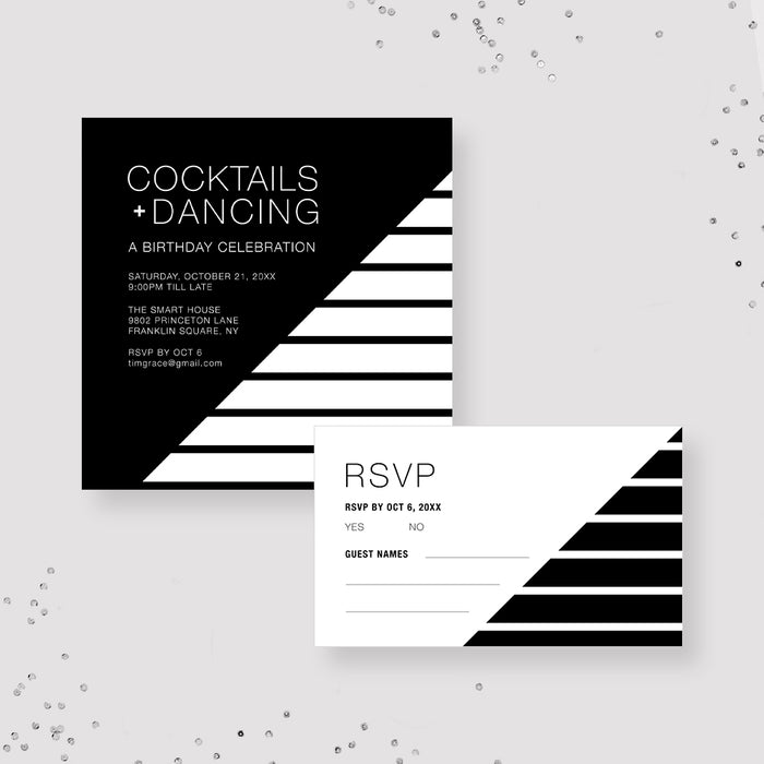 Cocktails and Dancing Invitation and RSVP Card, 21st 30th 40th 50th Birthday Matching Set Black and White Invitation Set Digital Download, Dance Party Invites