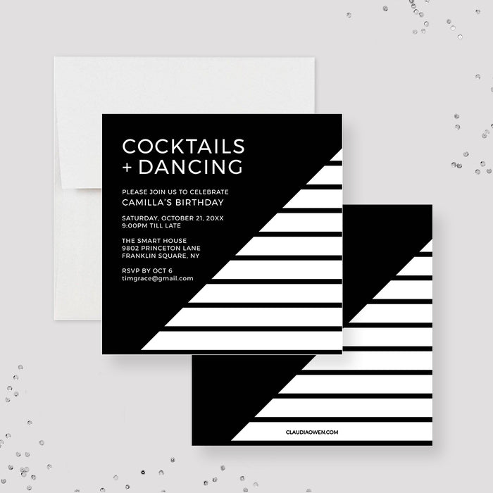 Cocktails and Dancing Invitation Template, 21st 30th 40th 50th Birthday Invites, Modern Black and White Birthday Party Digital Download, Dance Party Invites, Birthday Drinks, Cocktail Party