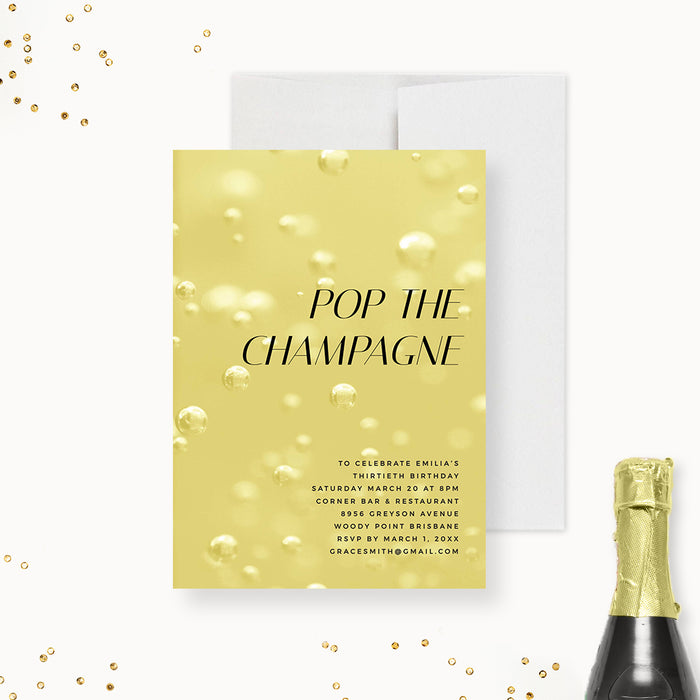 Pop the Champagne Party Invitation Template, 21st 30th 40th Birthday Printable Digital Download, Wedding Bridal Shower Editable Invitation