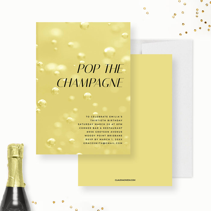Pop the Champagne Party Invitation Template, 21st 30th 40th Birthday Printable Digital Download, Wedding Bridal Shower Editable Invitation