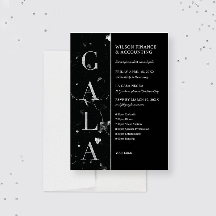 Gala Invitation Editable Template, Business Corporate Party Invites Digital Download, Company Party Formal Invitations, Black Marble Design