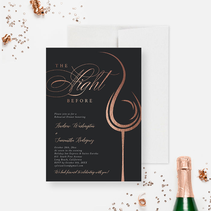 Rose Gold and Black Rehearsal Dinner Invitation, Elegant The Night Before Invitation,  Wine Wedding Anniversary Party Invite Card, Winery Vow Renewal Invites