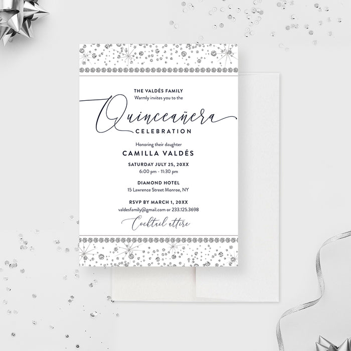 Sparkling Diamond Quinceanera Invitation, Chic 15th Birthday Party Invite, Sweet 16 Invite Cards, Birthday Invitation for Girls, Personalized Teen Birthday Party Invites