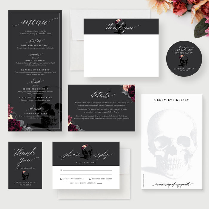 Complete Death to My Twenties stationery suite with matching invitation, RSVP, menu card, place card, thank you card, table number, ticket, favor tag, sticker, and welcome sign in floral design.