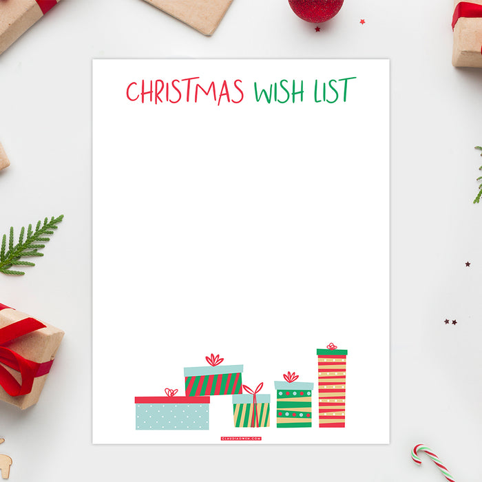 Christmas Wishlist Template with Gift boxes, Christmas Shopping list Digital Download, Christmas Letters Santa Letterhead, Holiday Christmas List Printable Letterhead
