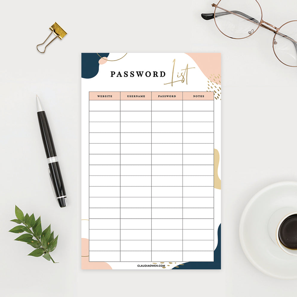 Password List Printable Template, Password Keeper Log Digital Download