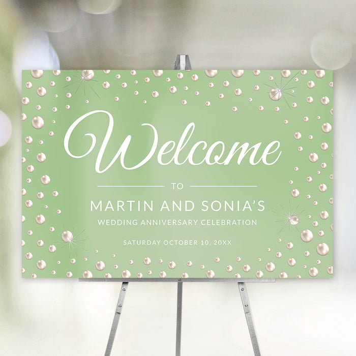 Wedding Anniversary Welcome Sign with Pearls in Sage Green, Pearl Party Themed Sign Template, 25th 30th 40th 50th Pearl Marriage Anniversary Sign Printable Digital Download