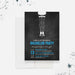 Bachelor party invitation with stylized white legs blue lettering and a black chalkboard background.