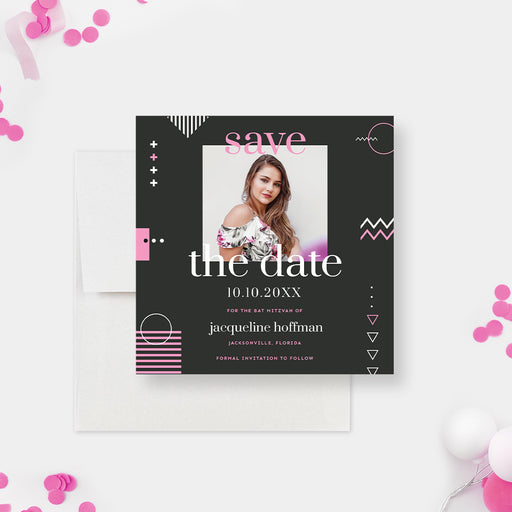 Bat mitzvah save the date card featuring a photo with geometric design in a pink, gray, and white color