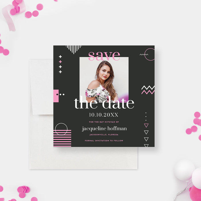 Bat mitzvah save the date card featuring a photo with geometric design in a pink, gray, and white color
