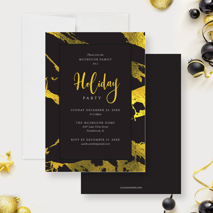 Elegant black and gold holiday party invitation featuring modern typography, gold foil design accents, and editable event details.