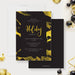 Elegant black and gold holiday party invitation featuring modern typography, gold foil design accents, and editable event details.