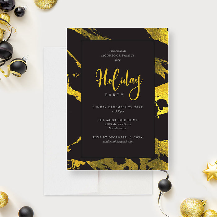 Elegant black and gold holiday party invitation featuring modern typography, gold foil design accents, and editable event details.