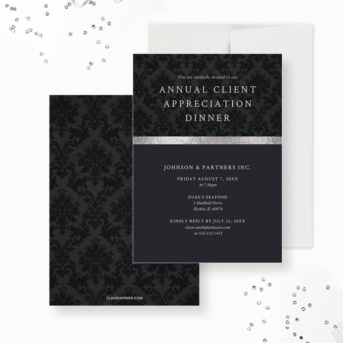 Black damask corporate client appreciation dinner invitation template with gray accent and custom event details-front-back
